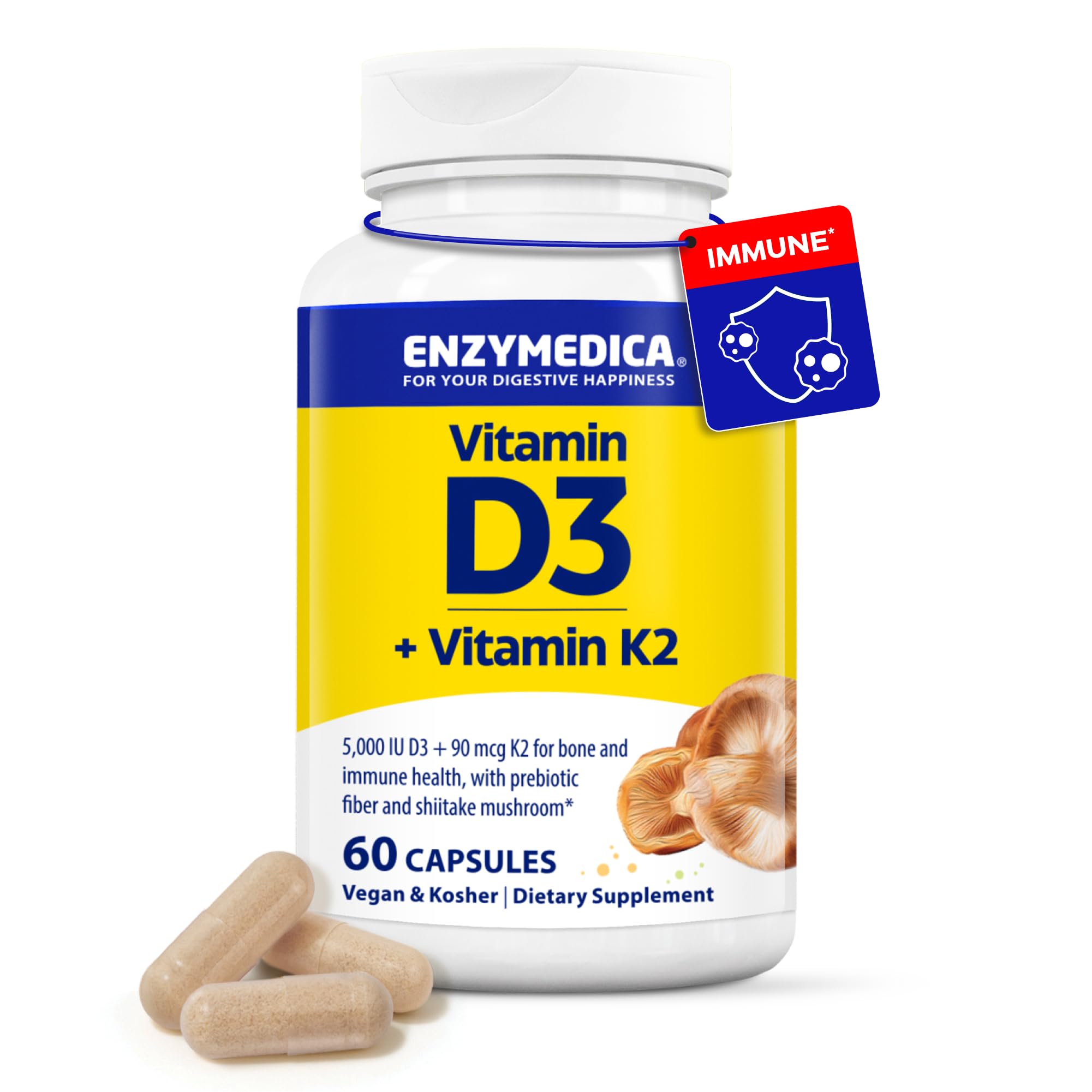 Enzymedica Vitamin D3 K2 bottle pour shows plant-based D3 and MK-7 for bone support.