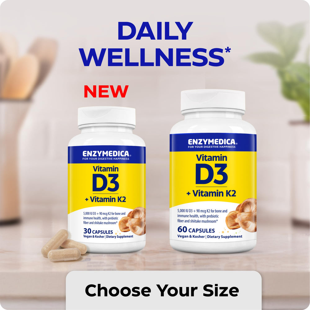 Algae-based D3 origin highlighted on the Enzymedica D3 K2 packaging.