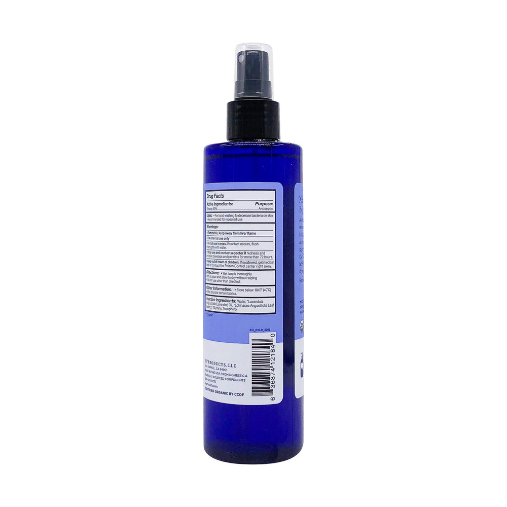 EO logo with cruelty-free icon on the lavender-scented hand sanitizer bottle.