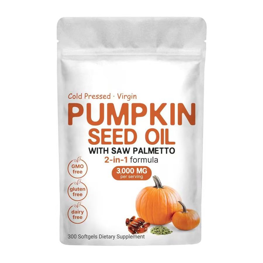 EOQIFJM pumpkin seed oil capsules bottle, 2-in-1 formula with saw palmetto for hair and skin support.