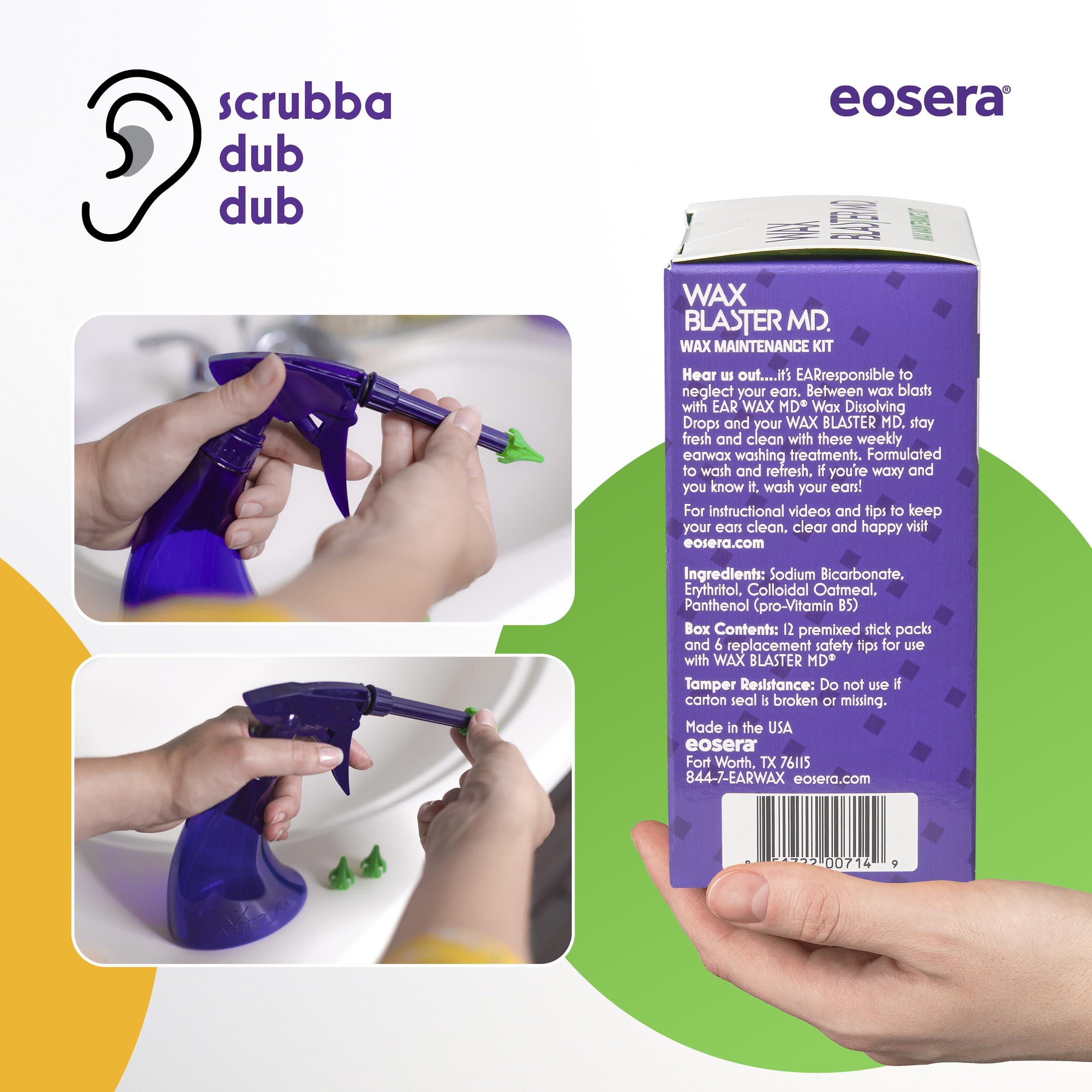 eosera Ear Clean MD packets dissolving in warm water for soothing cleaning.