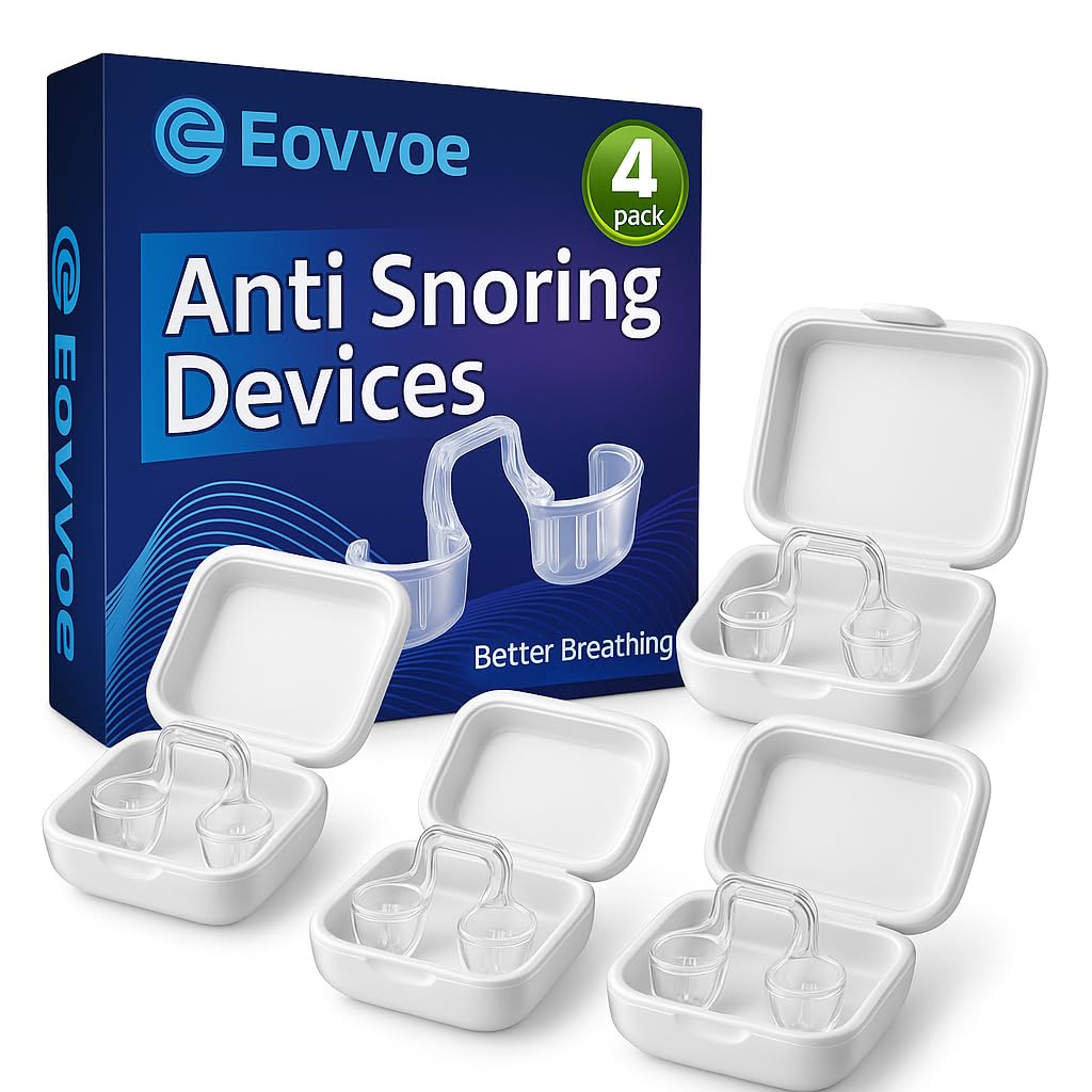 Eovvoe anti-snoring device in use, helping open nasal passages for smoother sleep.