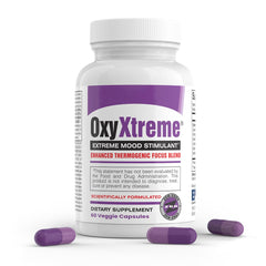 EPG Oxy Xtreme bottle front with purple veggie capsules signaling clean energy and focus.