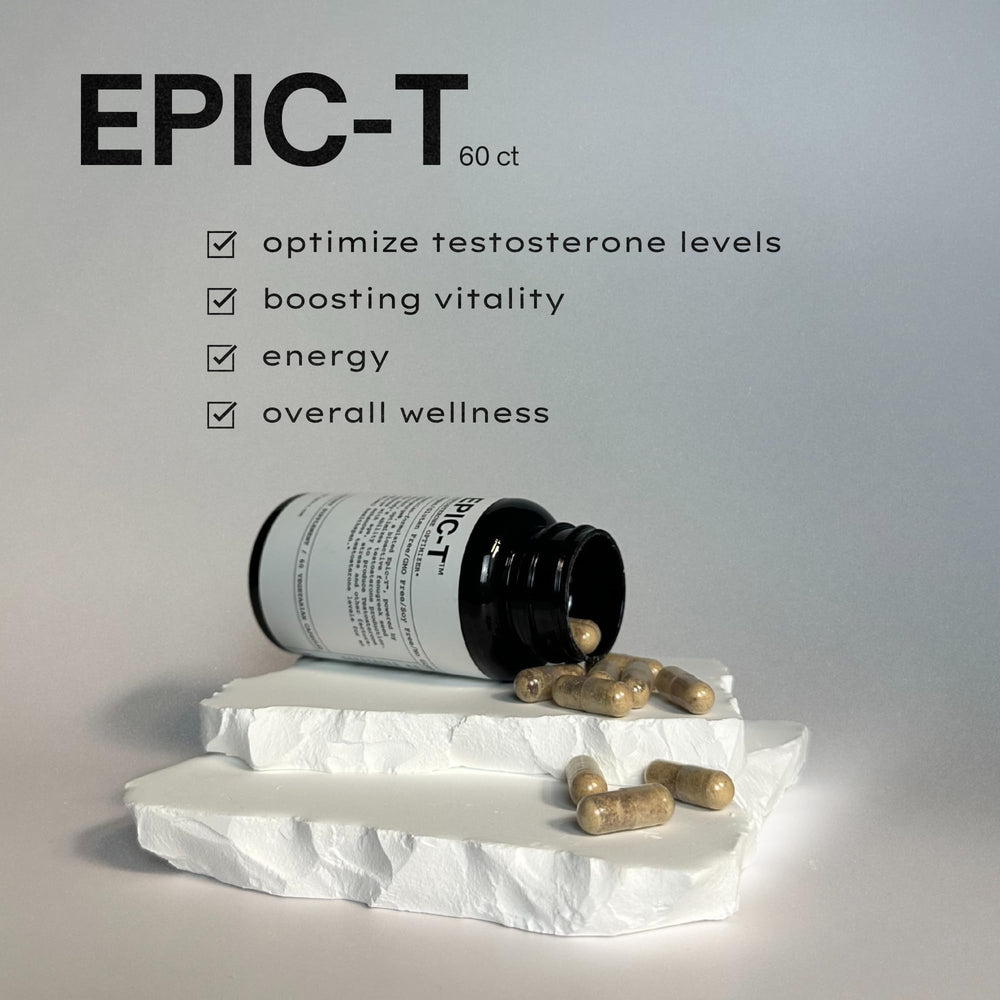 EPIC-T capsules being poured hints at convenient daily use.