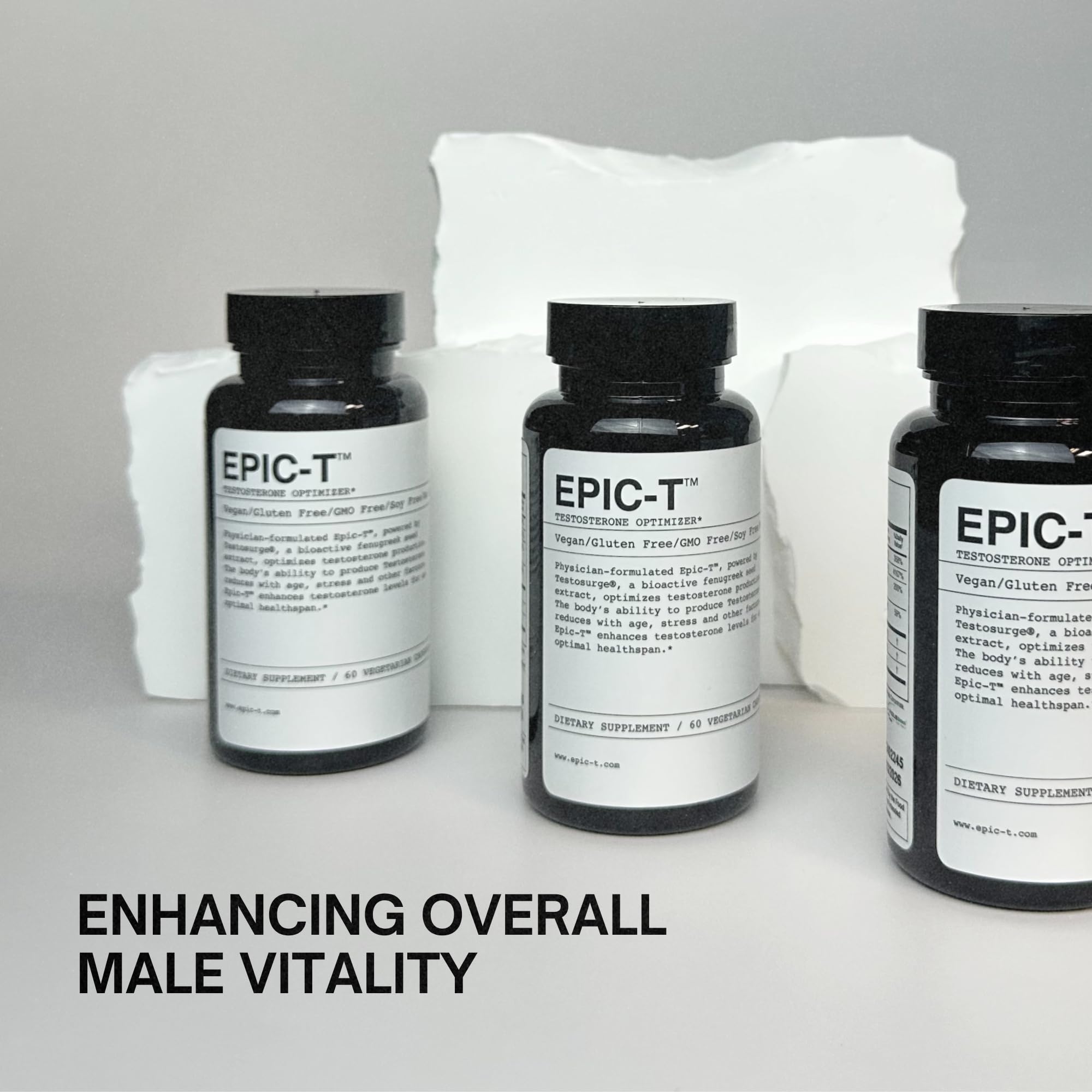 EPIC-T label closeup showcases vegan, gluten-free formula details.