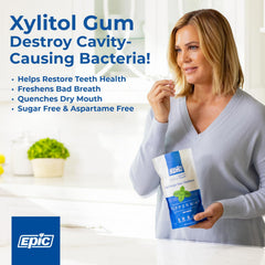 Epic xylitol gum wrappers showing mint flavor and portability