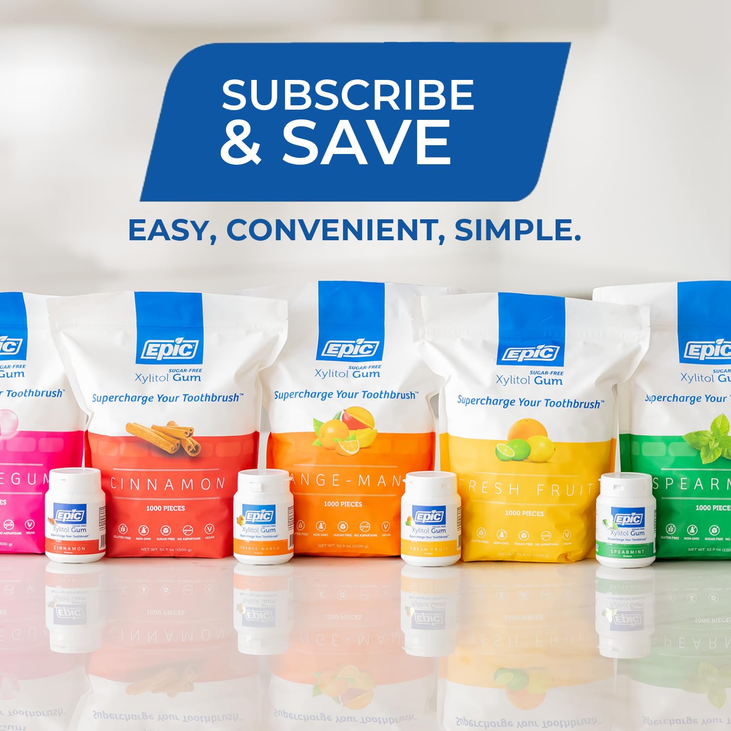 Epic Xylitol Cinnamon Gum Sugar-Free detail underlines clean, guilt-free snacking.