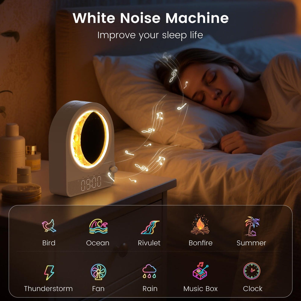 Epochleno Sunrise Alarm Clock ambient light creates a serene moonlit bedroom atmosphere.