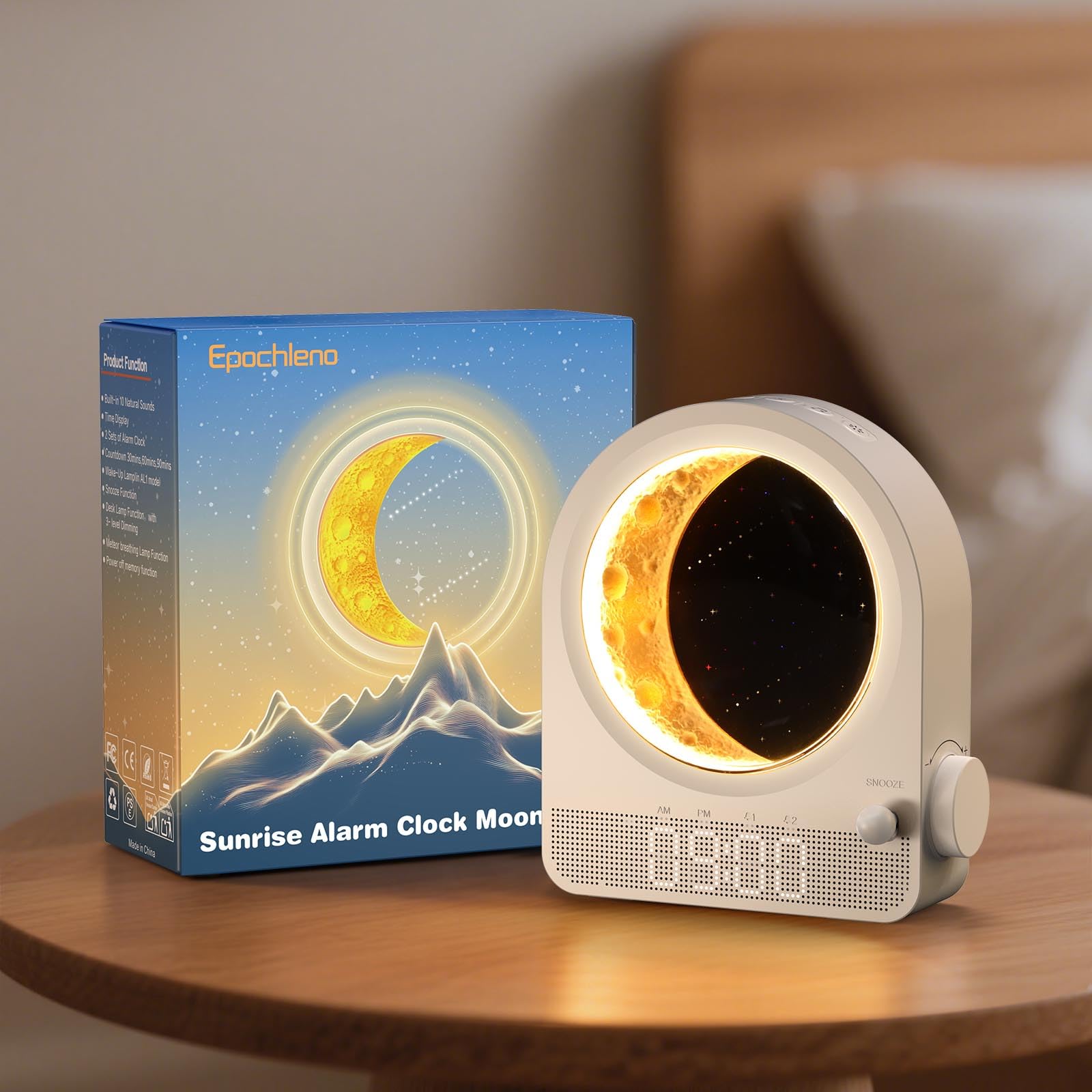 Epochleno Sunrise Alarm Clock front view with soft glow for a calmer morning routine.