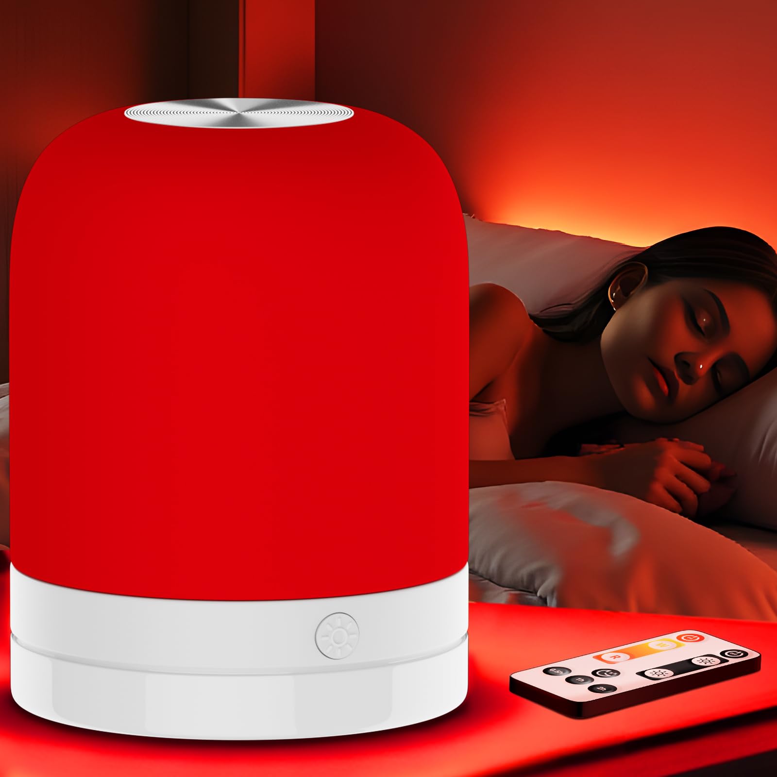 EPOE red light therapy sleep lamp on bedside emits calming 670nm light