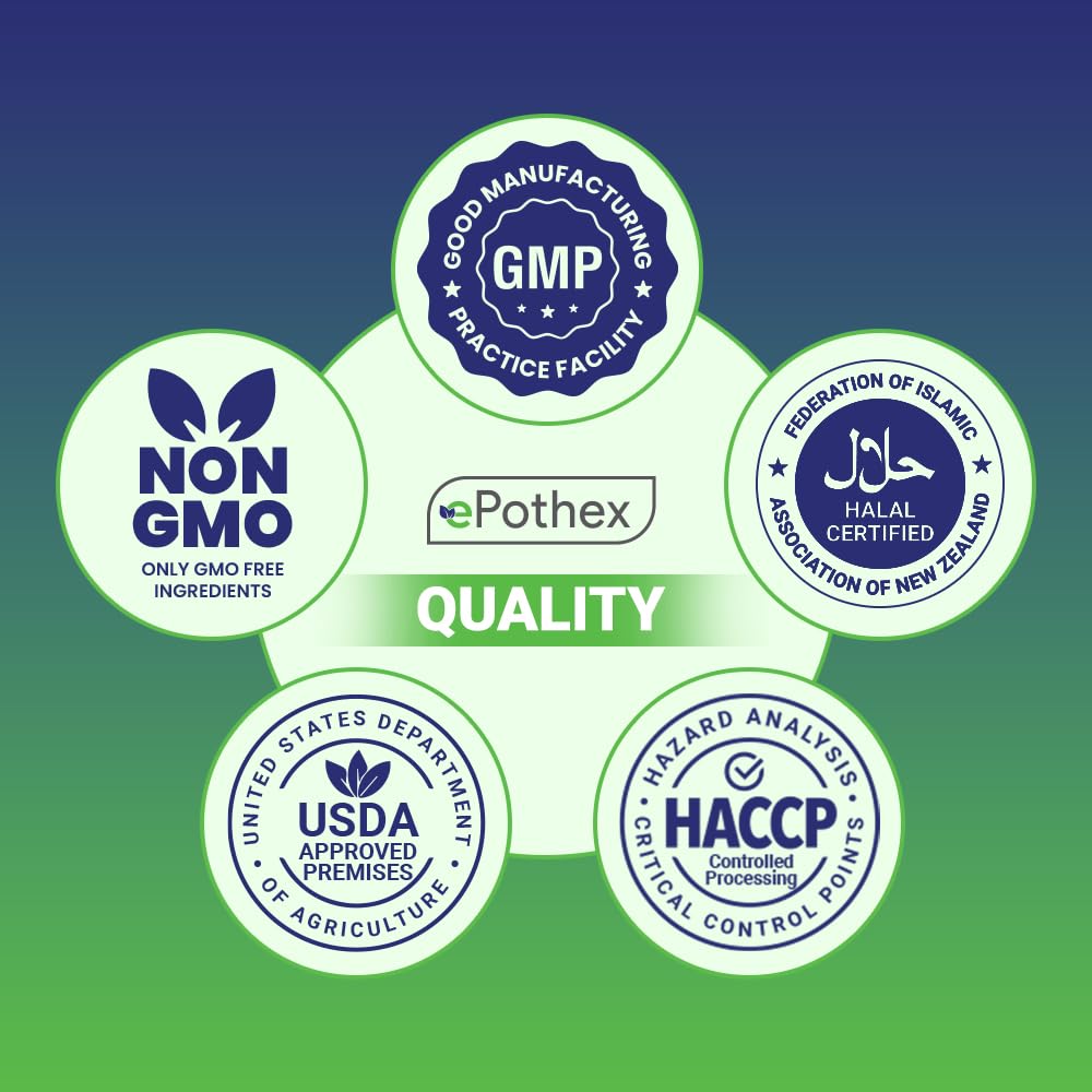 EPOTHEX halal, HACCP, and USDA certifications displayed on packaging for quality.