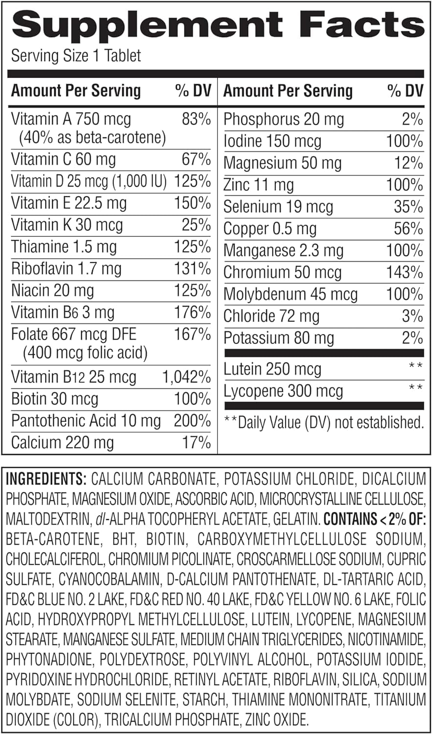 Equate Mature 50+ label close-up highlights vitamins and minerals