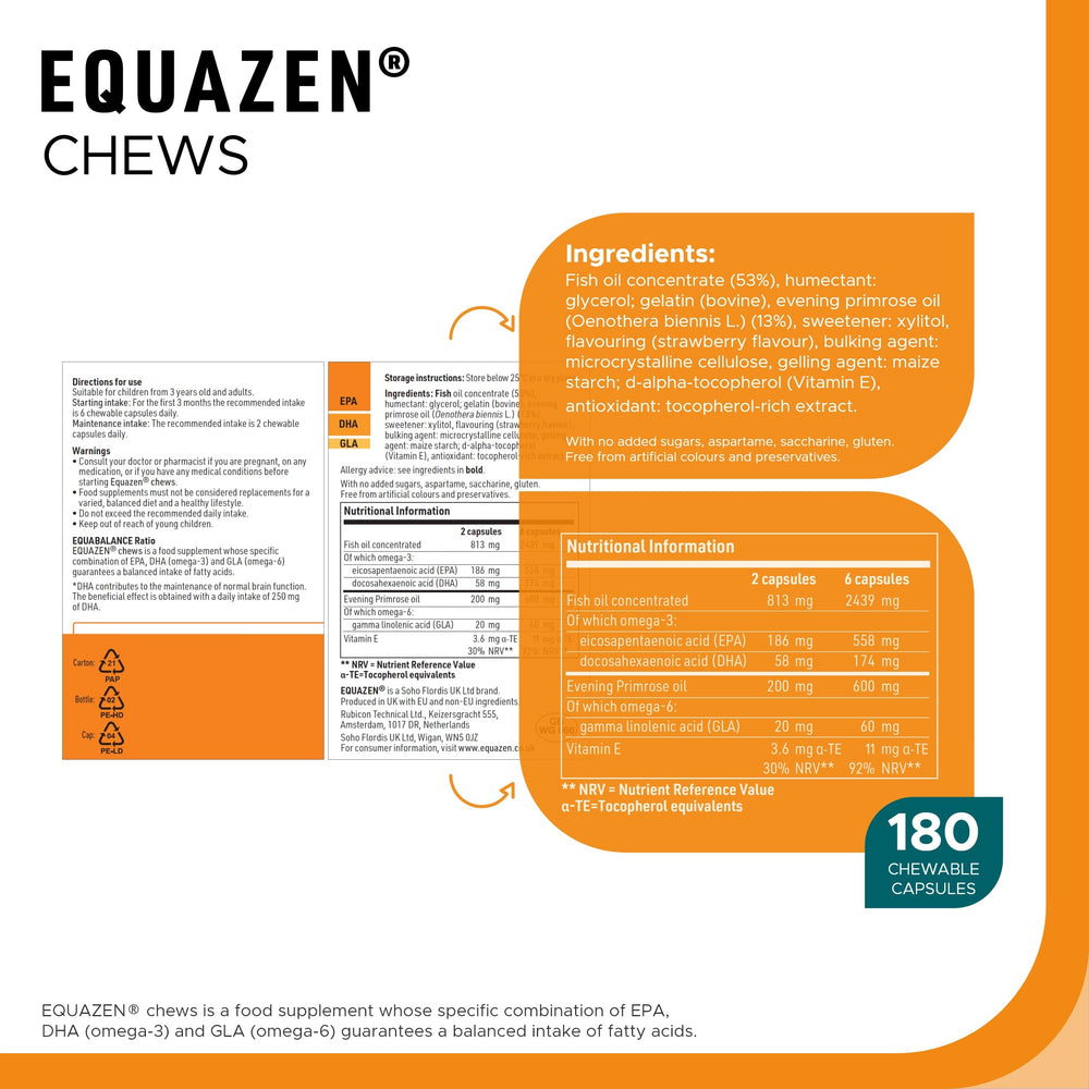 Equazen Eye Q Chews packaging on shelf signals omega-3/6 support.