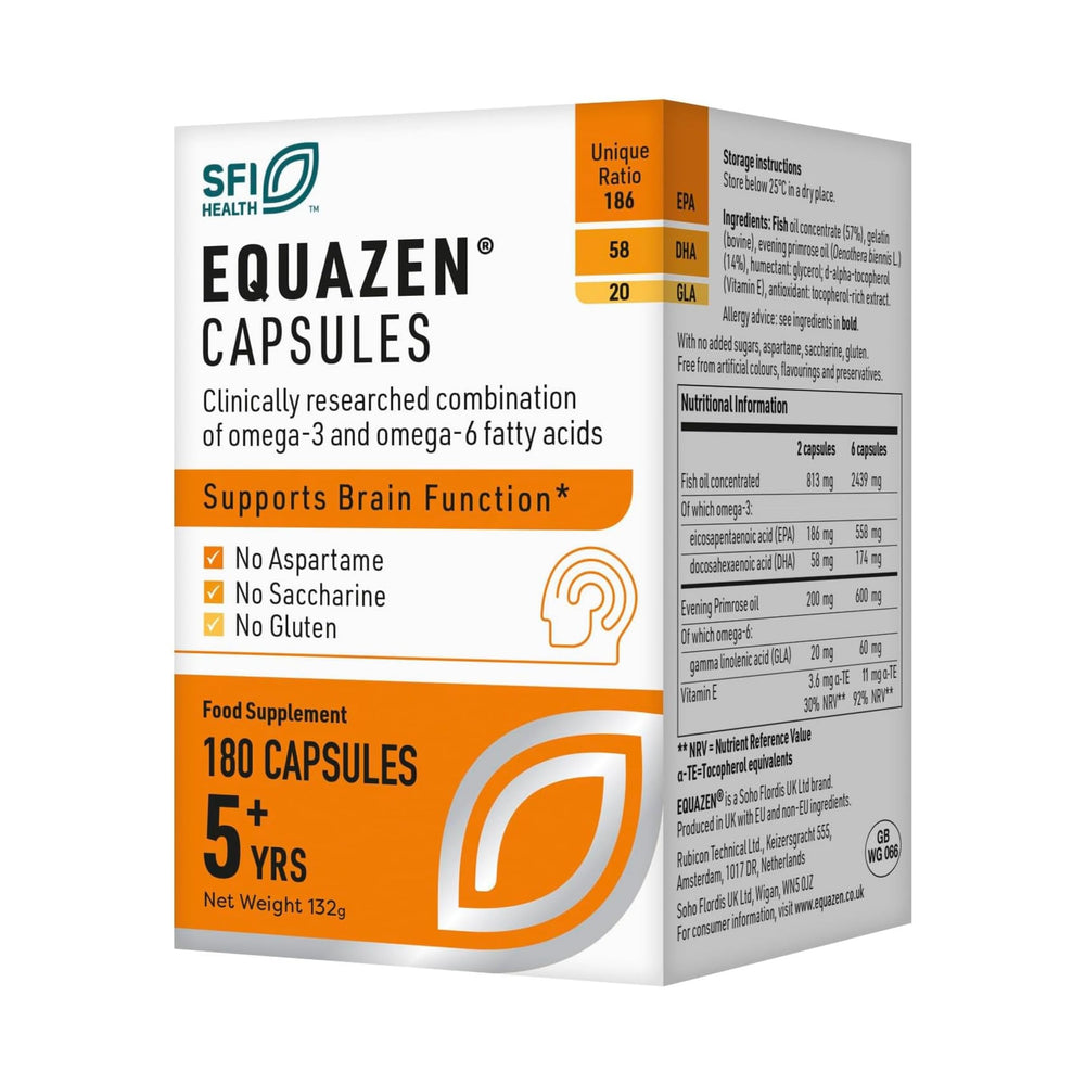 Equazen Eye Q bottle with omega-3 and omega-6 capsules for daily nutrition.