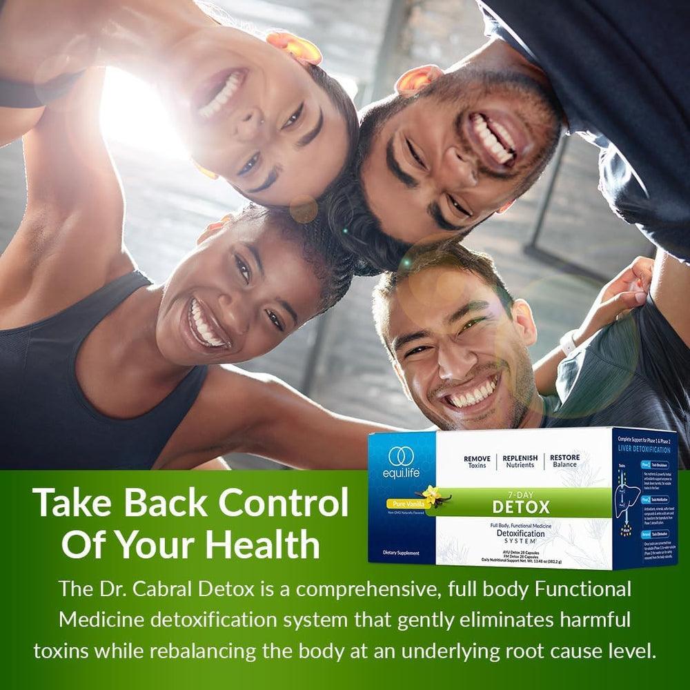 Equilife Dr. Cabral Detox measuring scoop beside powder, helping precise portions.