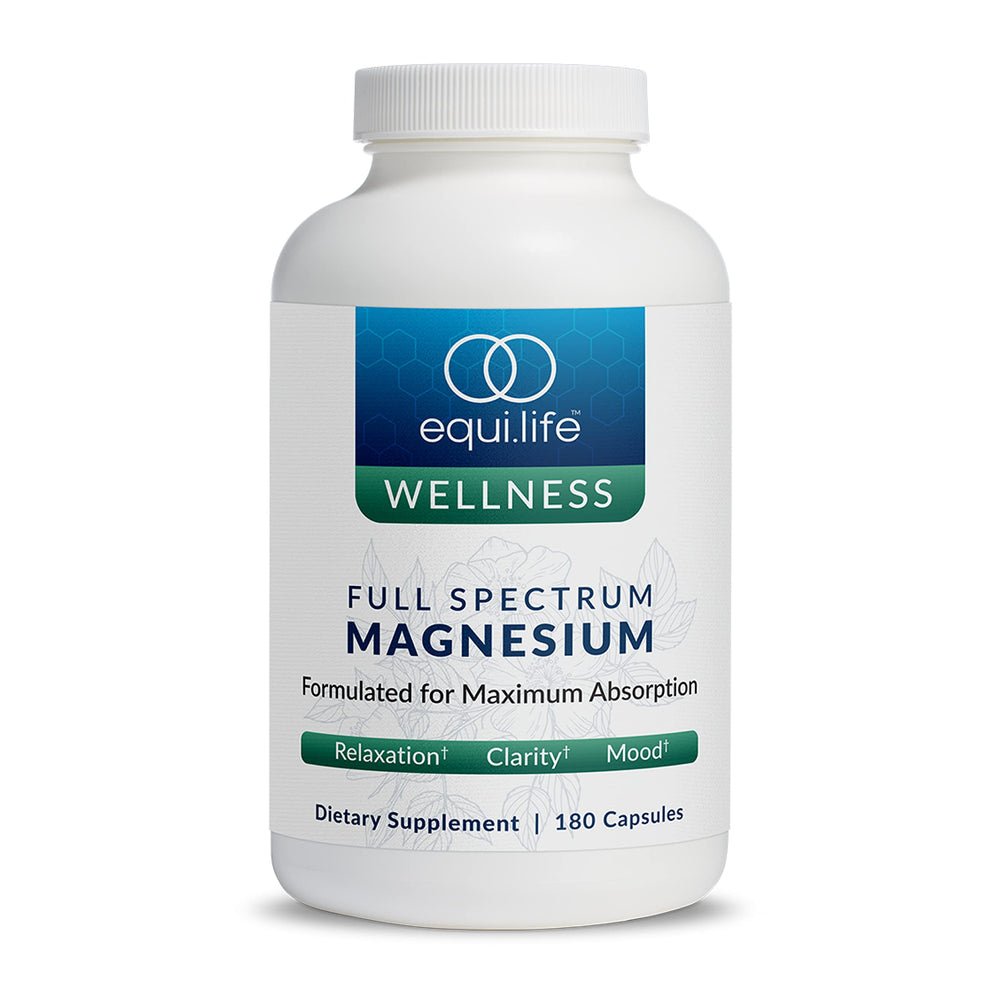 Equilife full-spectrum magnesium bottle closeup for daily wellness.