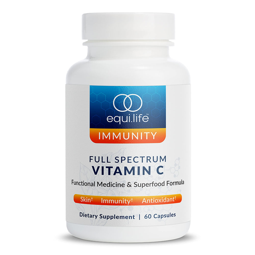Equilife full spectrum vitamin C bottle with plant-based antioxidants for daily wellness.