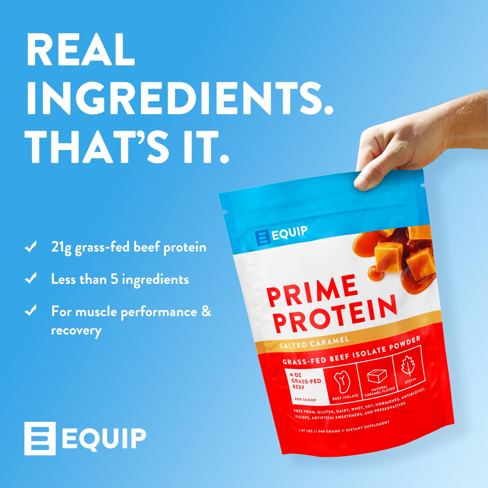 Equip Foods Prime Protein packaging box emphasizes premium grass-fed beef origin