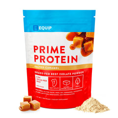 Equip Foods Prime Protein salted caramel jar closeup highlighting clean beef protein for keto and paleo
