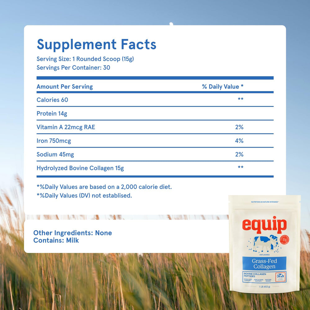 Equip Collagen tub close-up shows clean label and simple ingredients.