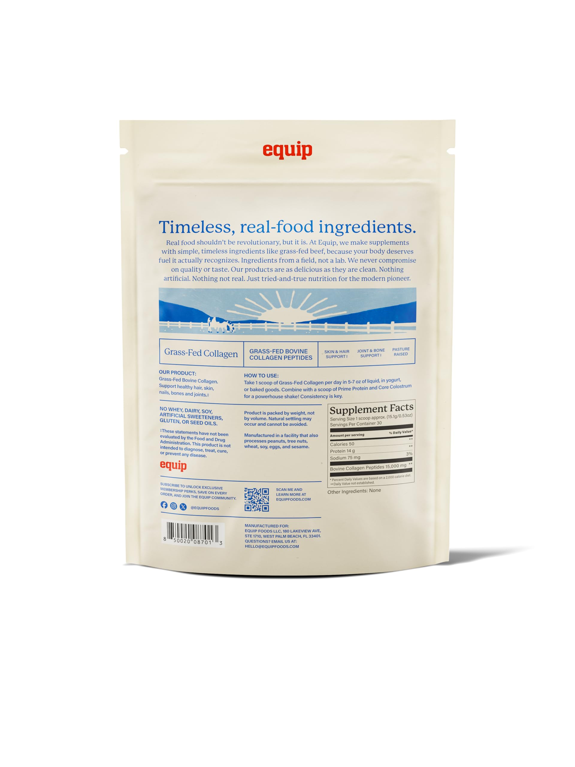 Equip Grass-Fed Collagen ingredients label highlighting grass-fed beef source.