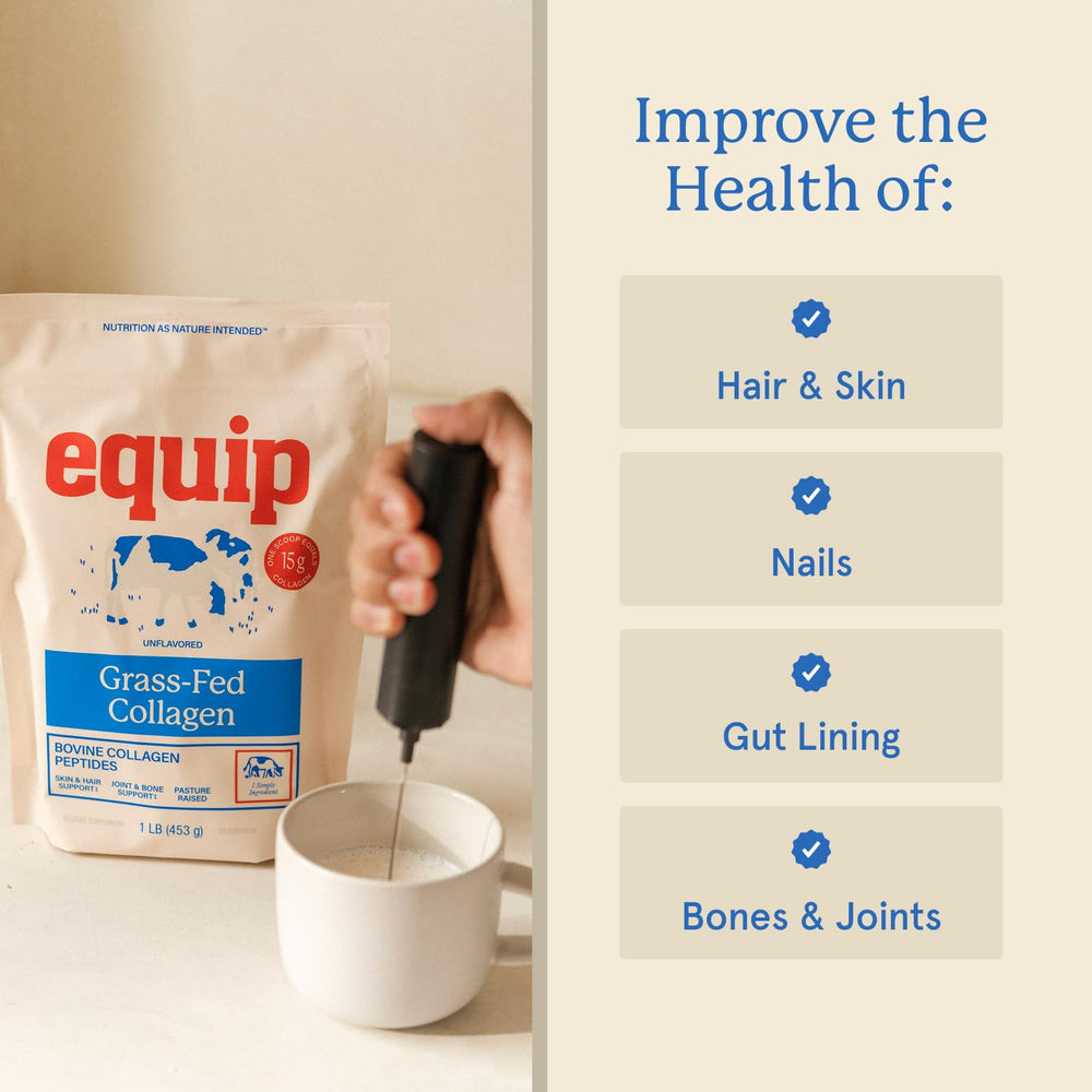 Equip collagen powder being poured into coffee, supporting daily wellness.