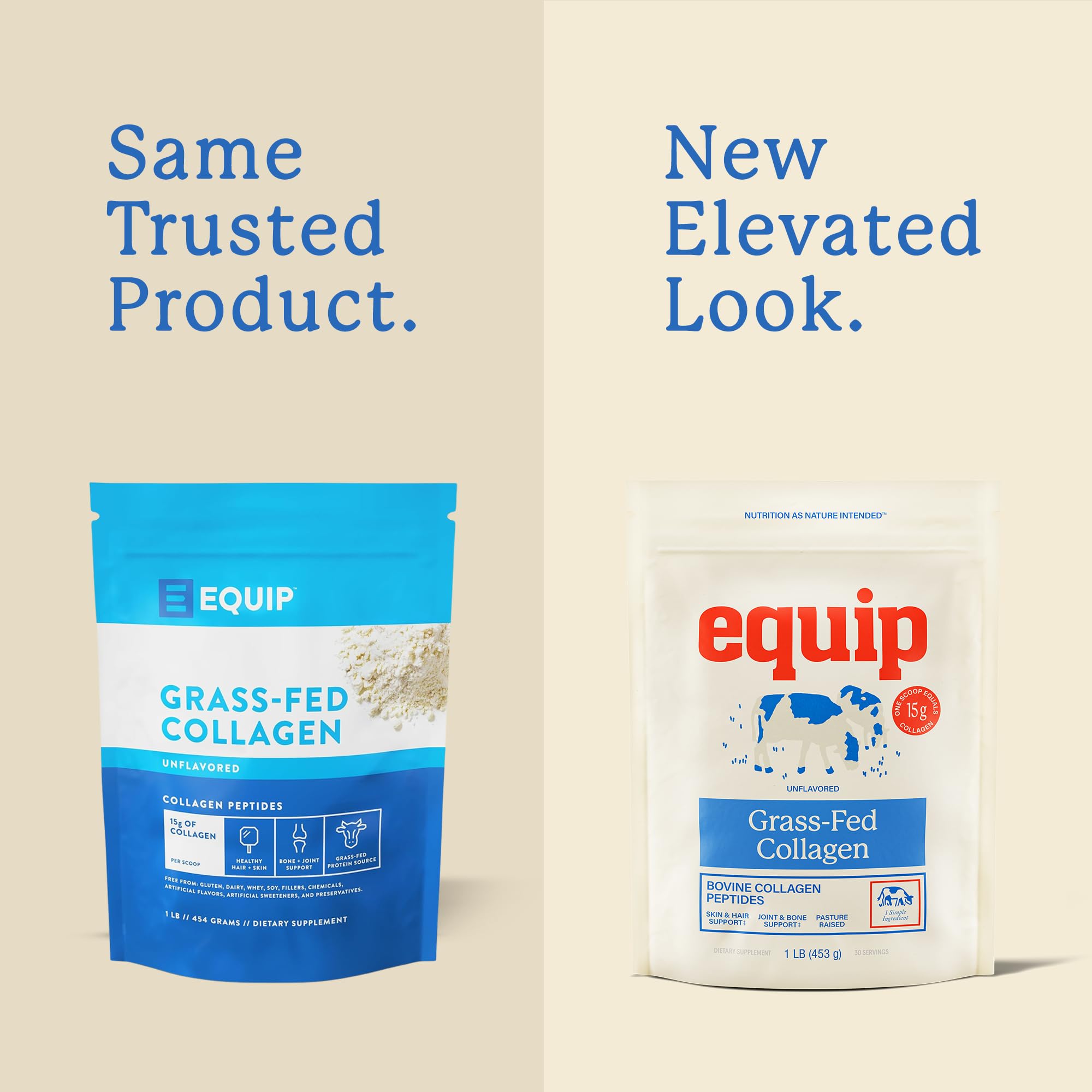 Equip Grass-Fed Collagen Powder scoop beside the tub, ideal for versatile shakes.