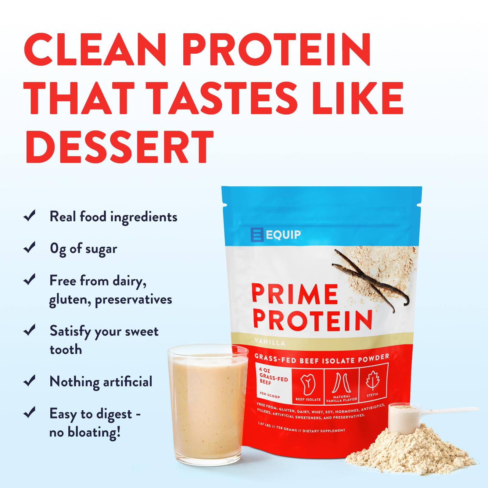 Equip Prime Protein Beef Scoop for precise daily protein measurements