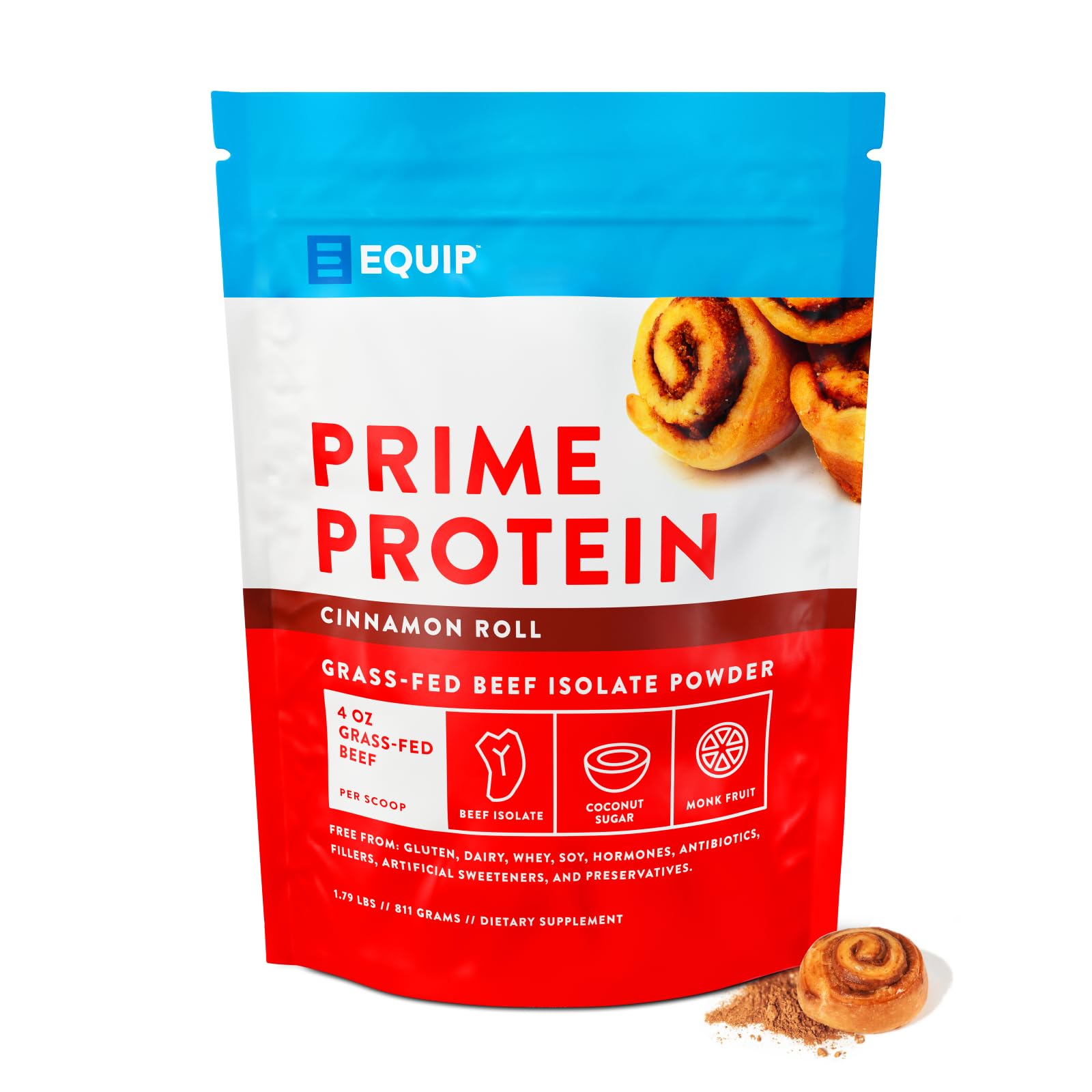 Equip Prime Protein Powder Cinnamon Roll bottle highlights clean grass-fed protein