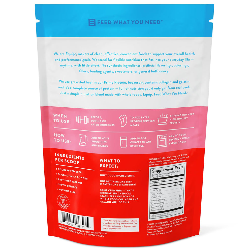 Equip Prime Protein Powder label highlights clean ingredients and stevia sweetness.