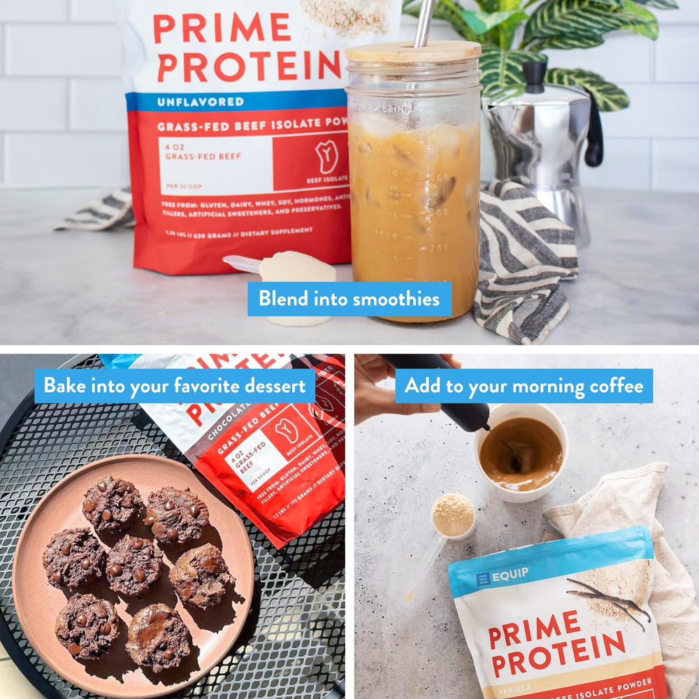 Ingredient panel highlights clean, dairy-free beef protein sources.
