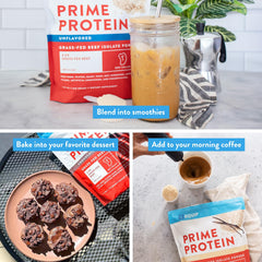 Ingredient panel highlights clean, dairy-free beef protein sources.
