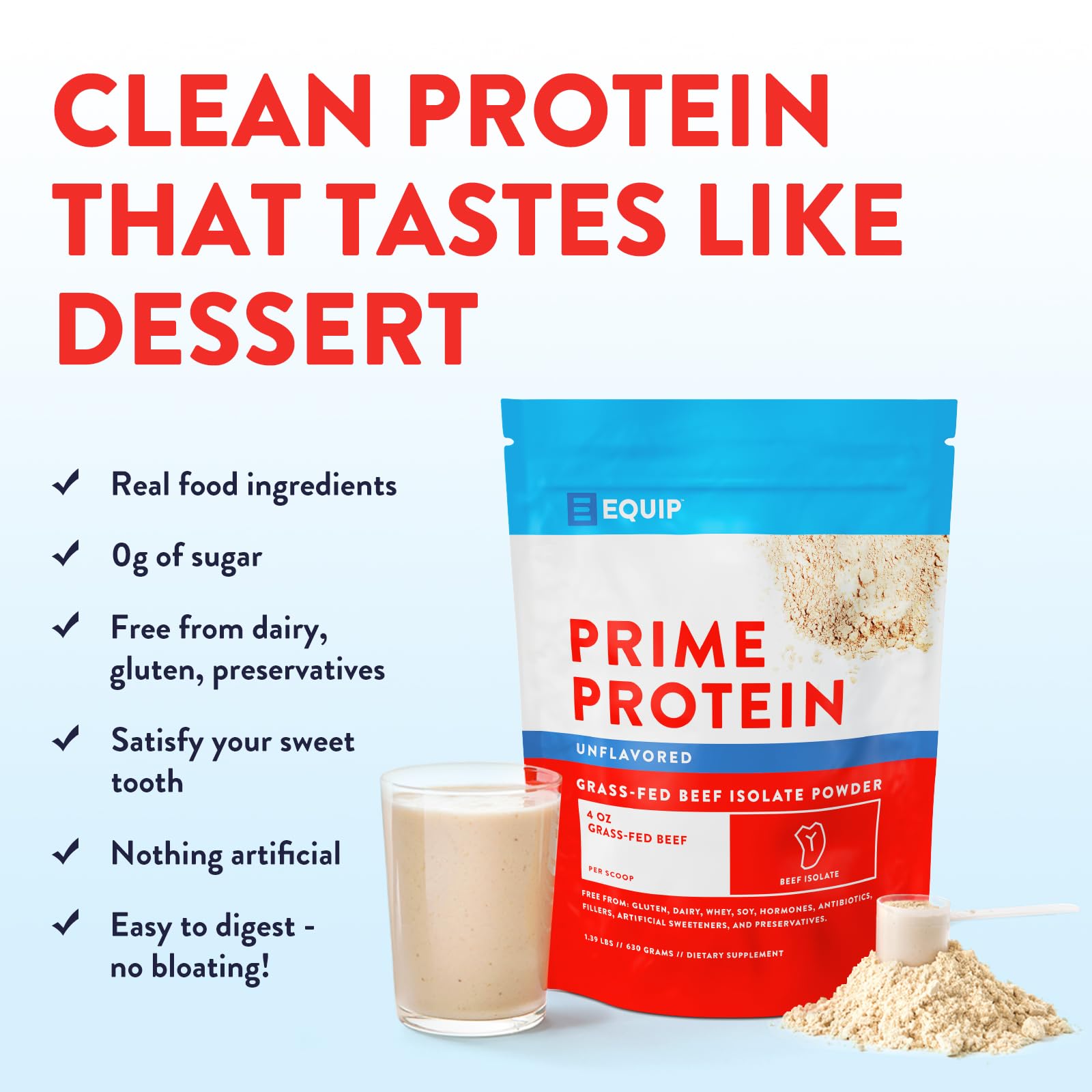 Measuring scoop with Prime Protein Powder emphasizes precise, sugar-free protein servings.