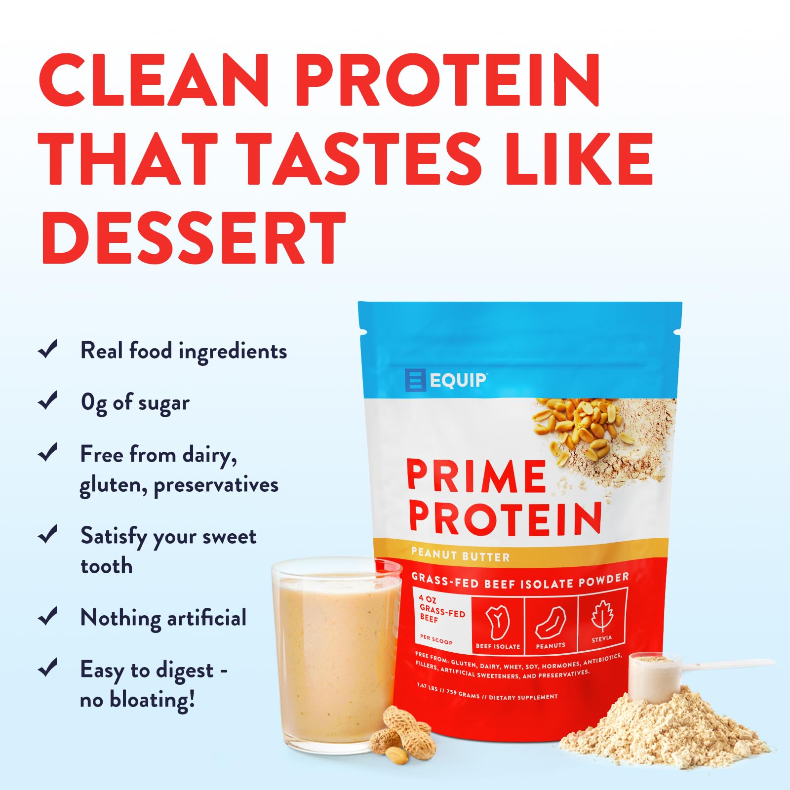 Equip Prime Protein Powder being poured into a shake for a dairy-free boost