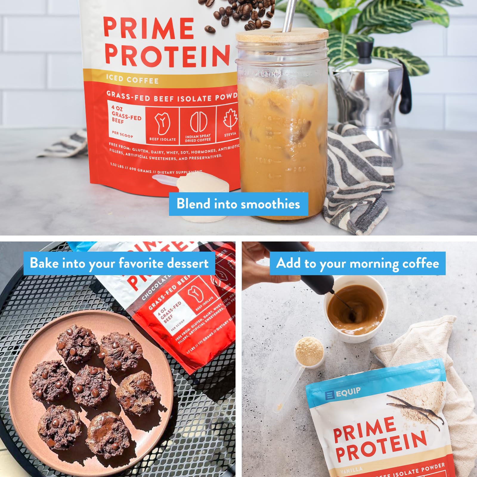 Equip Prime Protein Powder strawberry flavor tub pairs with desserts for protein-friendly treats