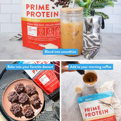 Equip Prime Protein Powder strawberry flavor tub pairs with desserts for protein-friendly treats