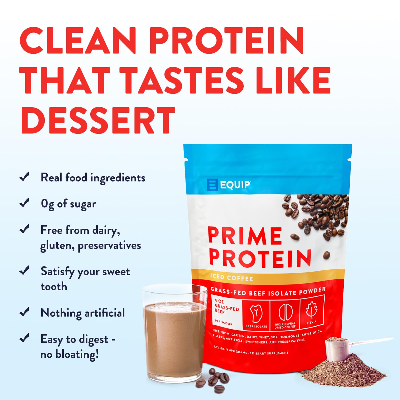 Equip Prime Protein Powder vanilla flavor tub blends easily into smoothies