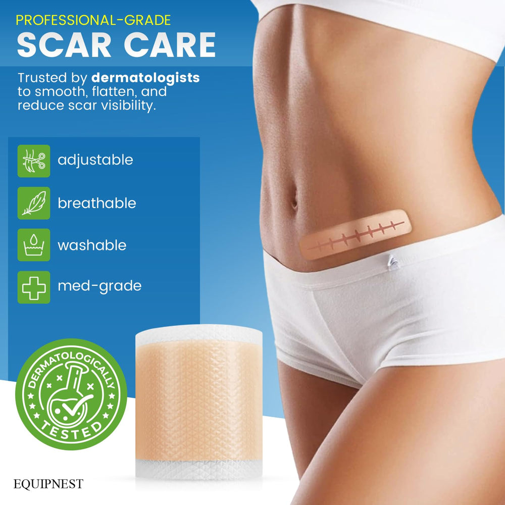 EQUIPNEST silicone scar sheets roll unrolled for precise area coverage.