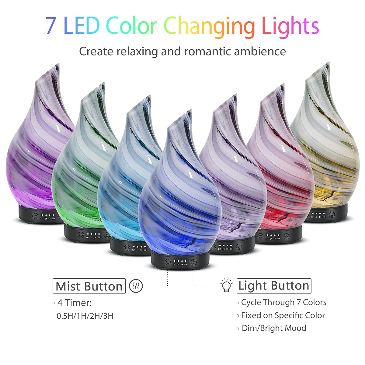 EQUSUPRO diffuser displays 7-color LED lights for mood lighting