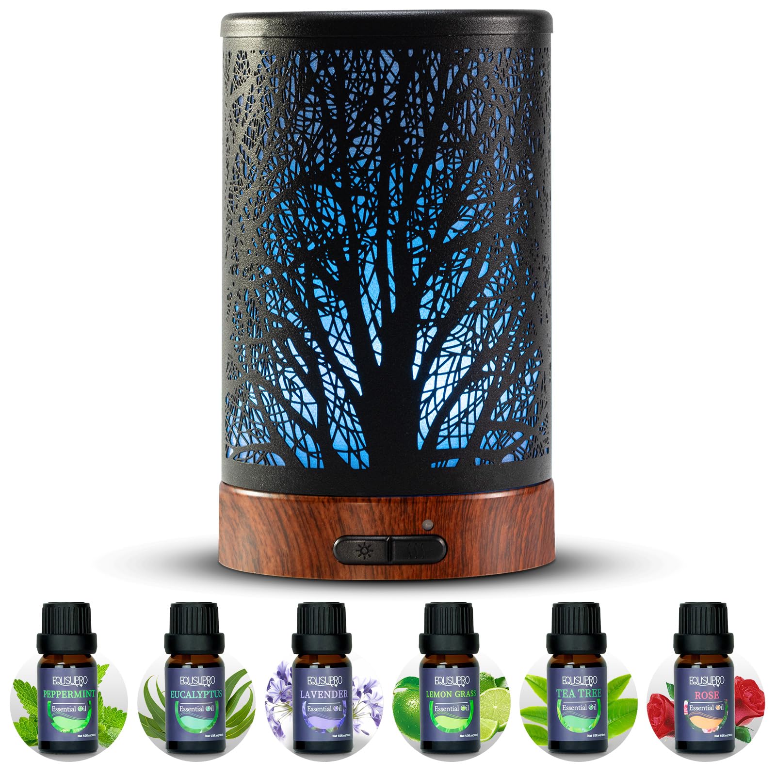 EQUSUPRO oil diffuser 150ml with quiet operation and ambient night light.