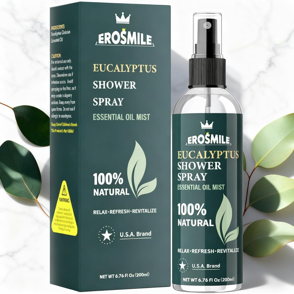 EROSMILE eucalyptus shower spray bottle close-up for a refreshing morning routine