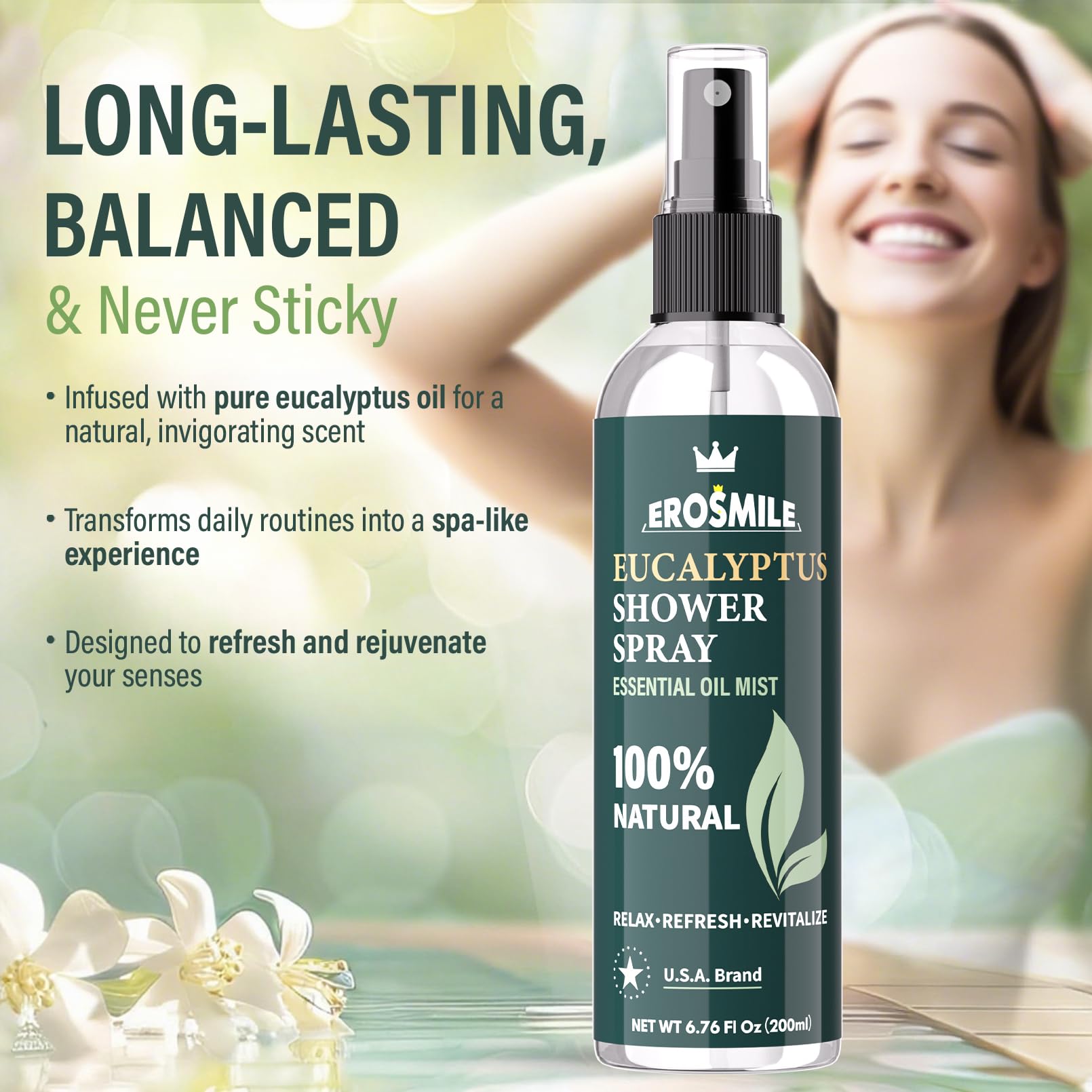 EROSMILE shower spray shown in sauna or steam room setup for spa-like atmosphere