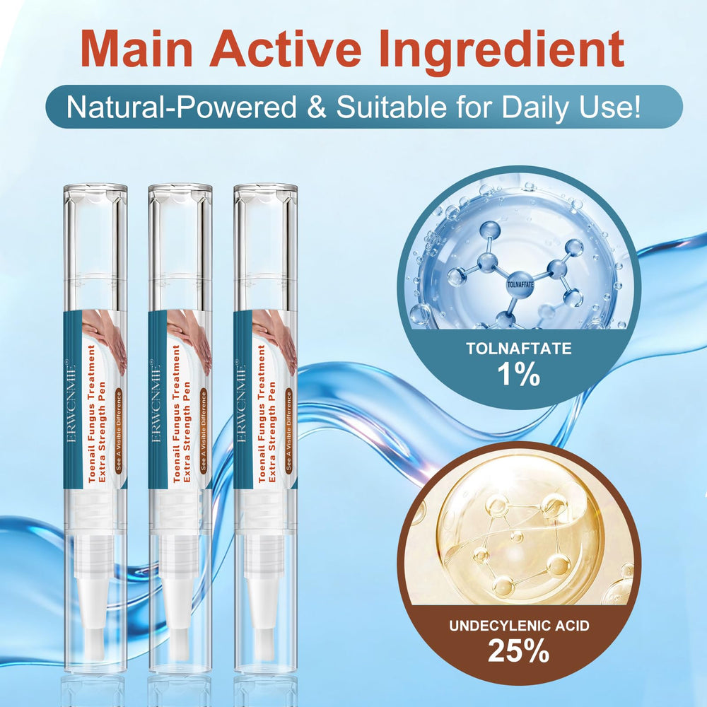 Close-up shows liquid applying to yellowed nail surfaces with precision.