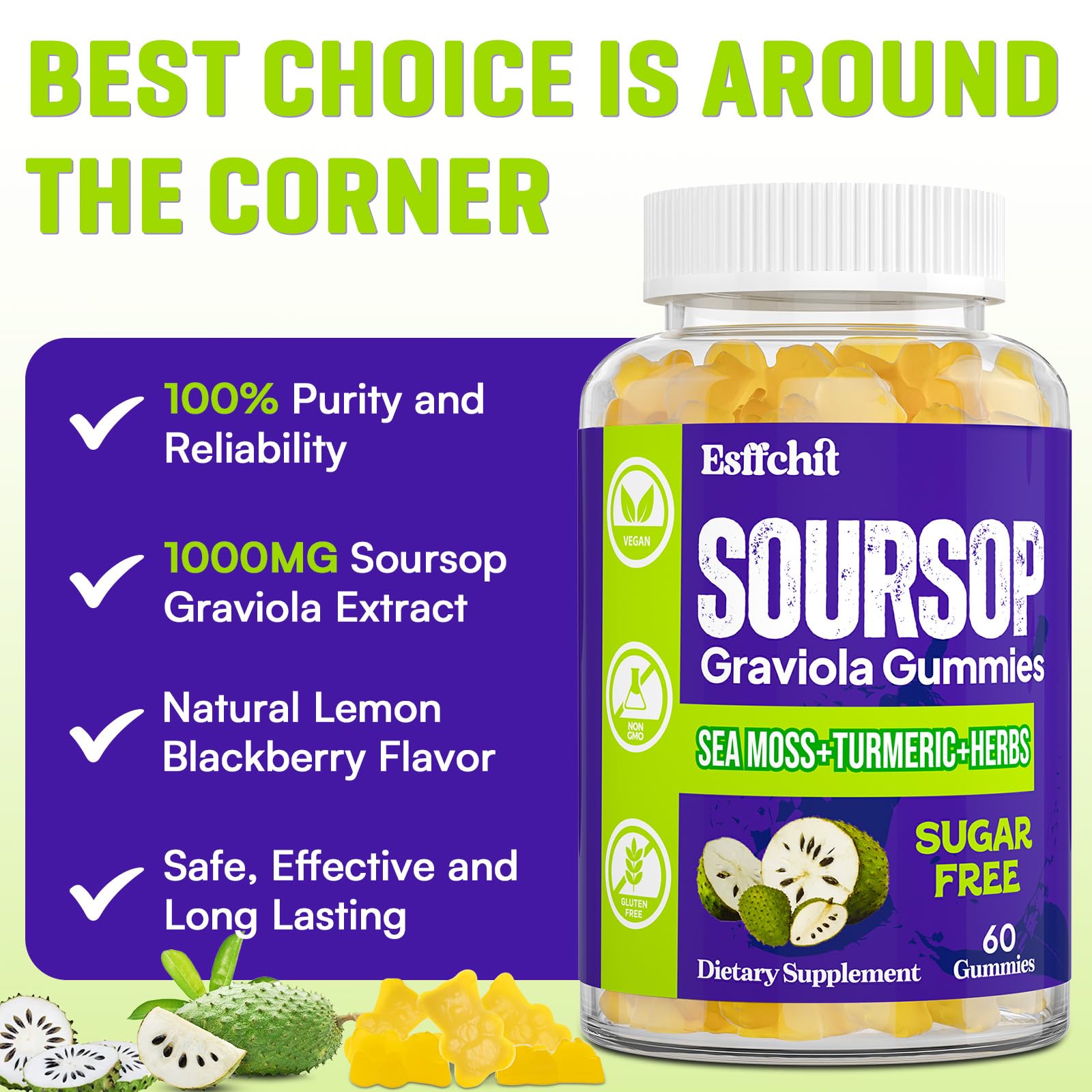 Esffchit Soursop Gummies sugar-free – enjoy a tasty snack without added sugar.