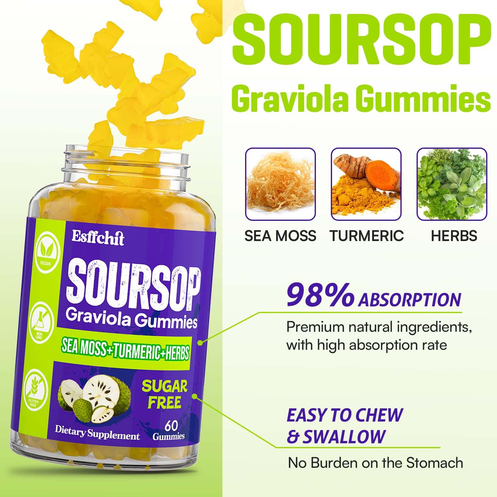 Esffchit Soursop Gummies turmeric – enhanced absorption with turmeric for better nutrient uptake.