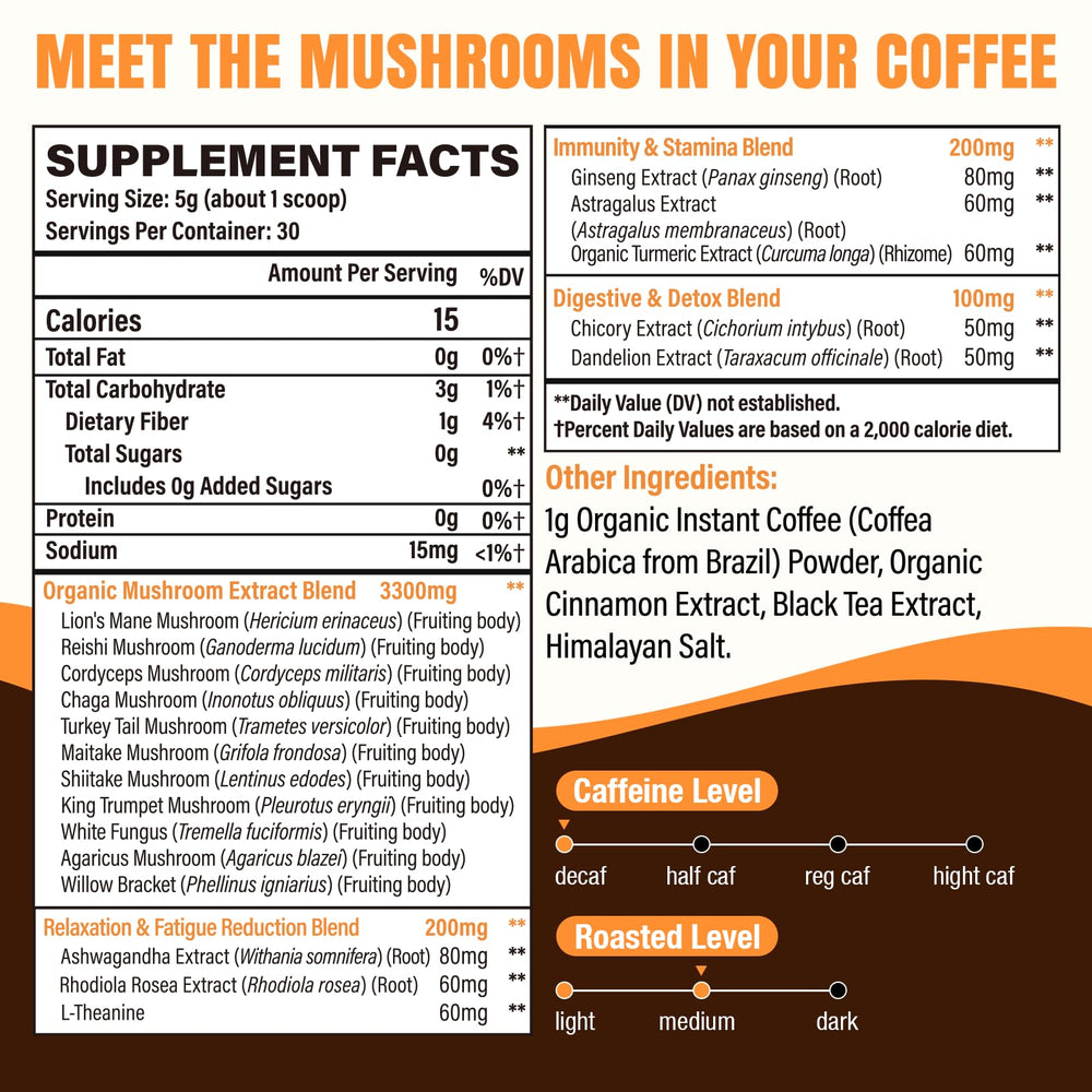 Esowbe 11-mushroom blend close-up highlights organic ingredients and potential immune support.