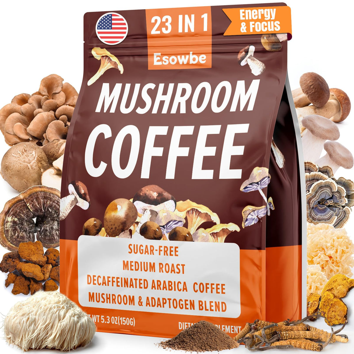 Esowbe mushroom coffee tin front shows premium blend for daily focus and clean energy.