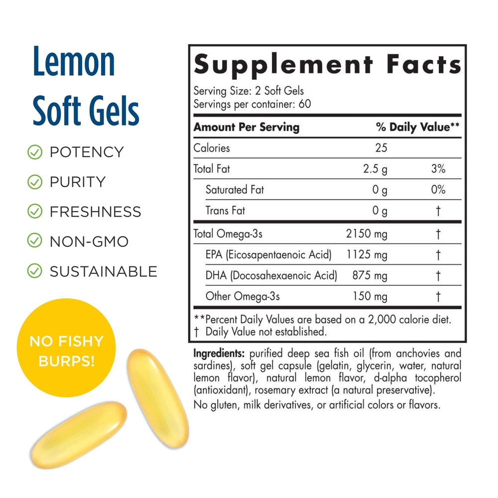 ESSE NUTRITION ProOmega 2000-D softgels being poured for easy two-per-day intake