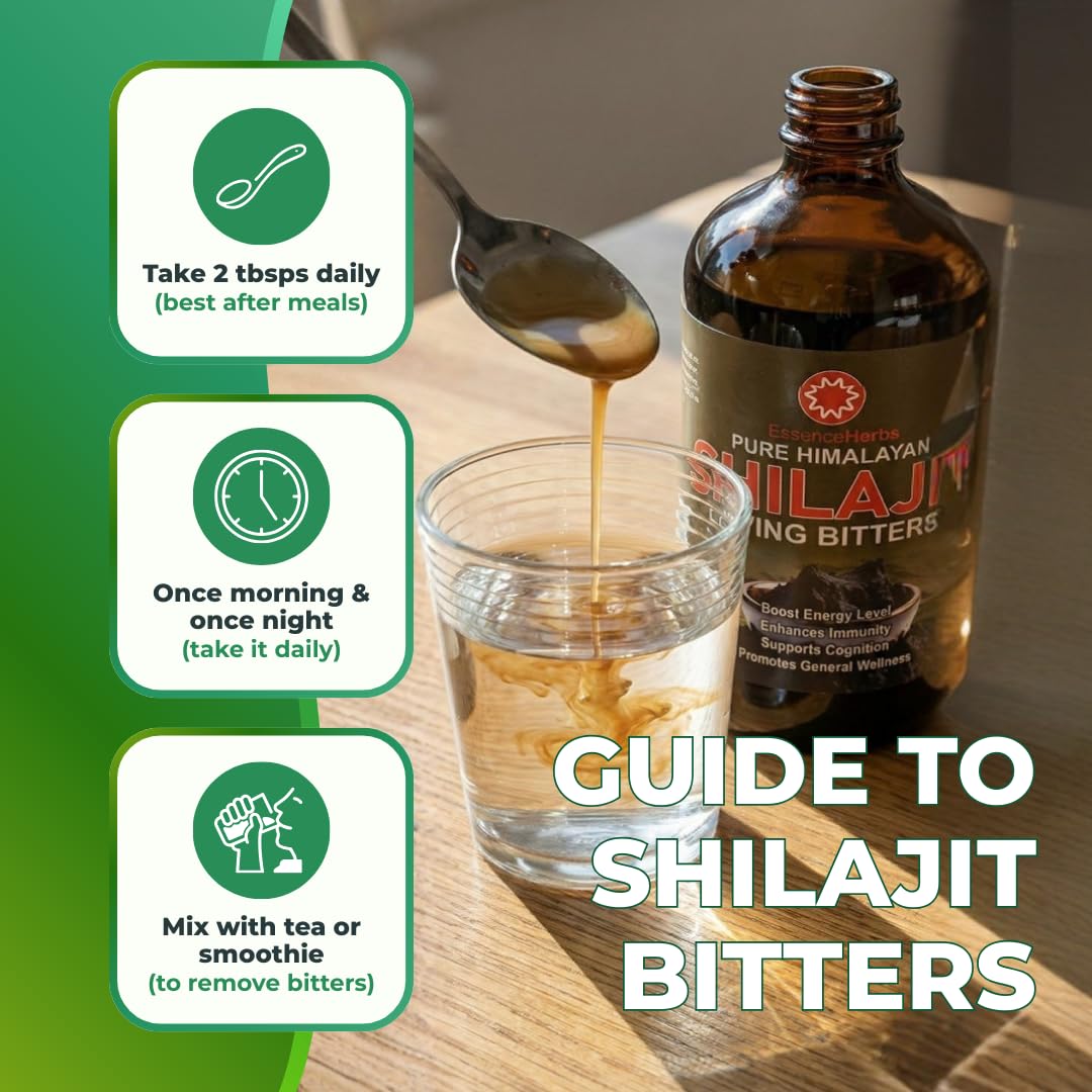 Moringa and Shilajit blend shown in Essence Herbs bitters.