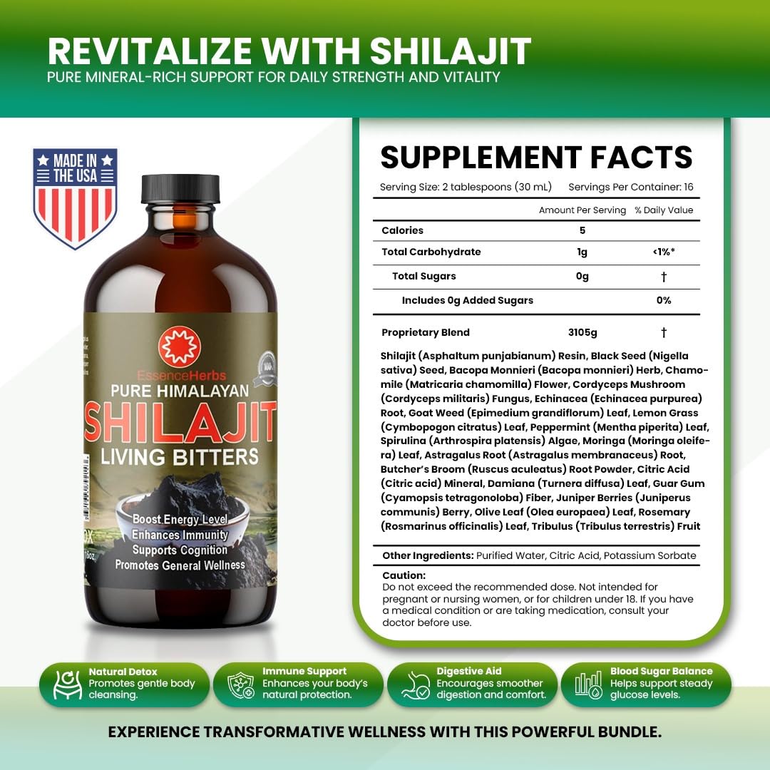 Black seed and Shilajit visuals in Essence Herbs bitters blend.